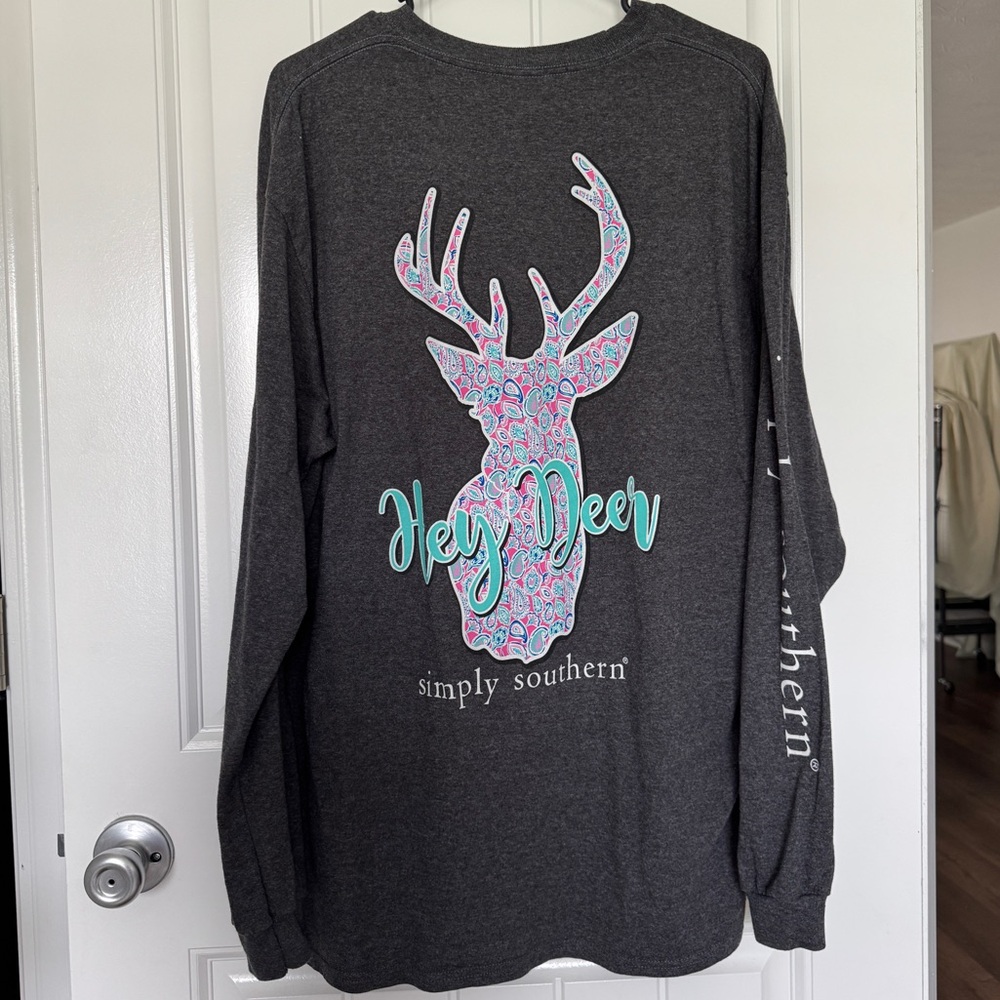 Simply Southern Gray Long Sleeve Tee with Colorful Deer Design
